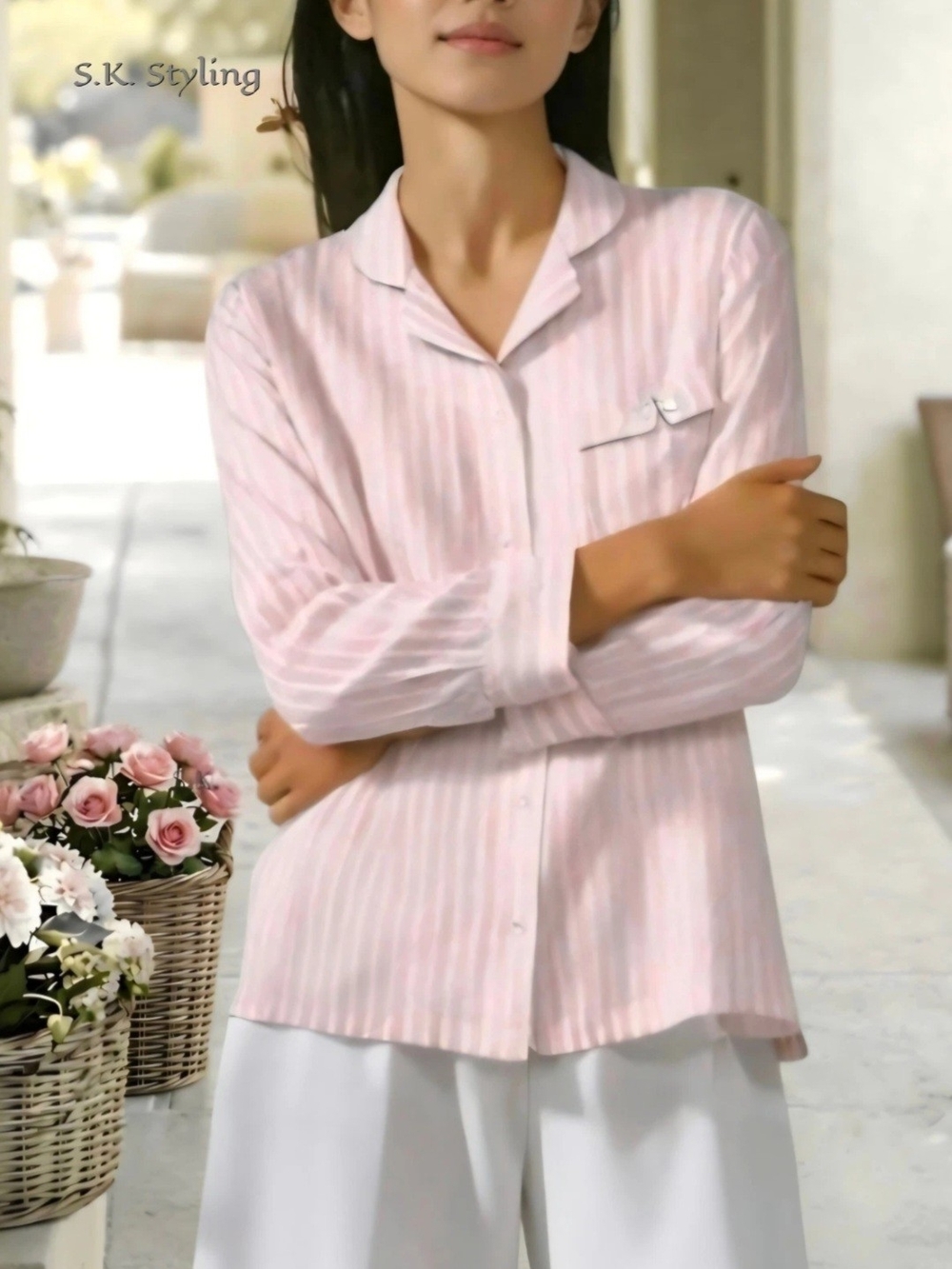 Victorias' Secret Iconic Pink White & Silver Shimmer Striped Pajama Top Medium